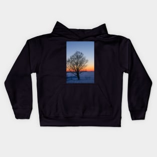 Sunset winter landscape with snow-covered road in violet and pink colors Kids Hoodie